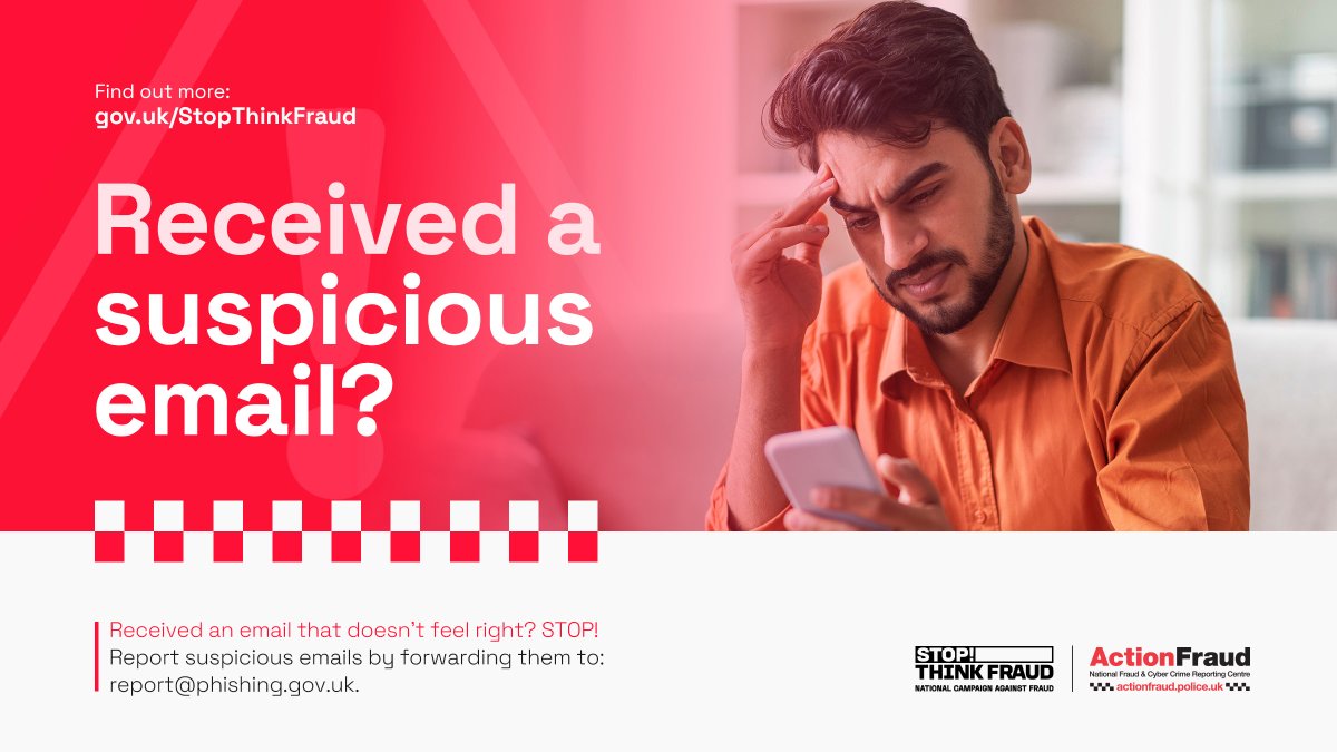 tsecrime's tweet photo. RT @ActionFraudUK: Had a text or email that feels off?STOP!  
- Cut contact!
– Don’t reply,  or click links, call numbers or pay anything - Forward dodgy emails to report@phishing.gov.uk.  
- Forward dodgy texts to 7726 https://t.co/tiQHWTzV62
