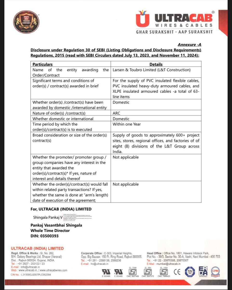 Vivek_Ruparel's tweet image. #ORDER #ULTRACAB

Award of Annual Rate Contract (ARC) from Larsen &amp;amp; Toubro Limited (L&amp;amp;T
Construction) for Supply of 63 LT Cable Items Across 600+ PAN India Sites Covering 8 Divisions of L&amp;amp;T Group
