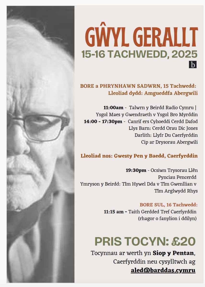 Gŵyl Gerallt - ychydig dros fis sydd nes bod drysau'r ŵyl yn agor ac mae'r tocynnau'n dechrau prinhau. Ewch ar ras i Siop y Pentan i godi tocyn neu gysylltwch ag aled@barddas.cymru ... cyn iddi fynd yn rhy hwyr.