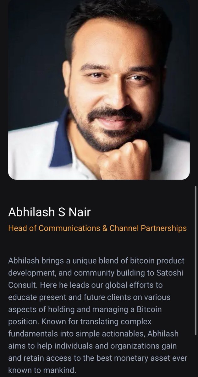 Let’s continue to expand our team with even more unique, trustworthy talent, <a href="/NorthOfTheWalls/">Sondre | satoshiconsult.com</a>🫡

👾We’ve already leveled up with:

“Abhilash S. Nair

Head of Communications &amp; Channel Partnerships at <a href="/SatoshiConsult/">Satoshi Consult🔑</a> 

<a href="/AbhilashNair11/">Abhilash Nair 🌋</a> brings a unique blend of bitcoin product