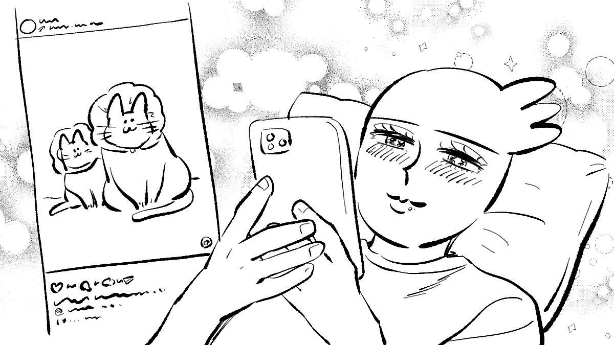 インスタで様々なネコチャンを眺め美しい微笑みをたたえるわたくし 