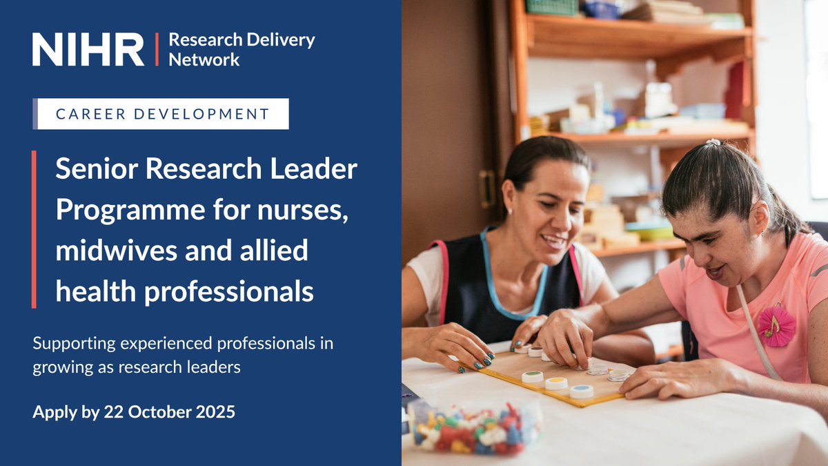 There's one week left to apply for the NIHR Senior Research Leader (SRL) Programme!

The SRL Programme is for senior nurses, midwives and allied health professionals passionate about leading and growing research in health and care.

Apply now: nihr.ac.uk/career-develop…