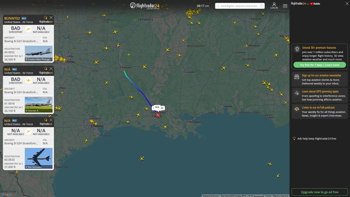 AIYeyENGDdJkjTr's tweet photo. Oct. 15, 2025
#Barksdale AFB, Louisiana ==>

#BUNNY02 #AE588E USAF B-52H Stratofortress
#NoCALLSIGN #AE589F USAF B-52H Stratofortress
#NoCALLSIGN #AE5883 USAF B-52H Stratofortress https://t.co/3PRoX5Rw50