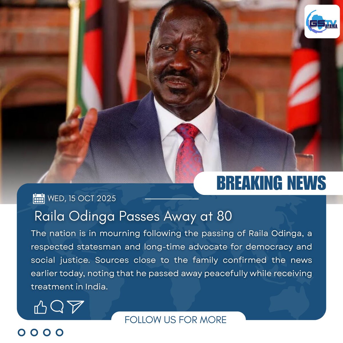 GstvAfrica's tweet image. Kenya is mourning the death of Raila Odinga, the veteran statesman and champion of democracy who passed away peacefully in India while receiving treatment. #Kenya #Odinga #NAMMinisterial2025 #railaodinga #DesafioDelSigloXXI