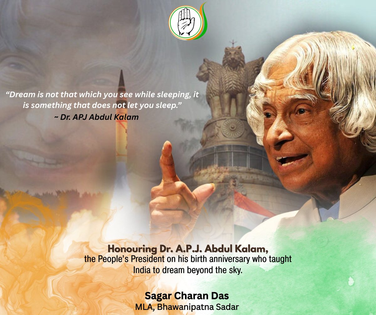 sagarcharandas's tweet image. Remembering Dr. APJ Abdul Kalam ji, the Missile Man of India, on his birth anniversary. A visionary scientist behind India’s ballistic missile development, a key contributor to Pokhran-II nuclear tests, an inspiring teacher & leader whose vision continues to guide generations to…