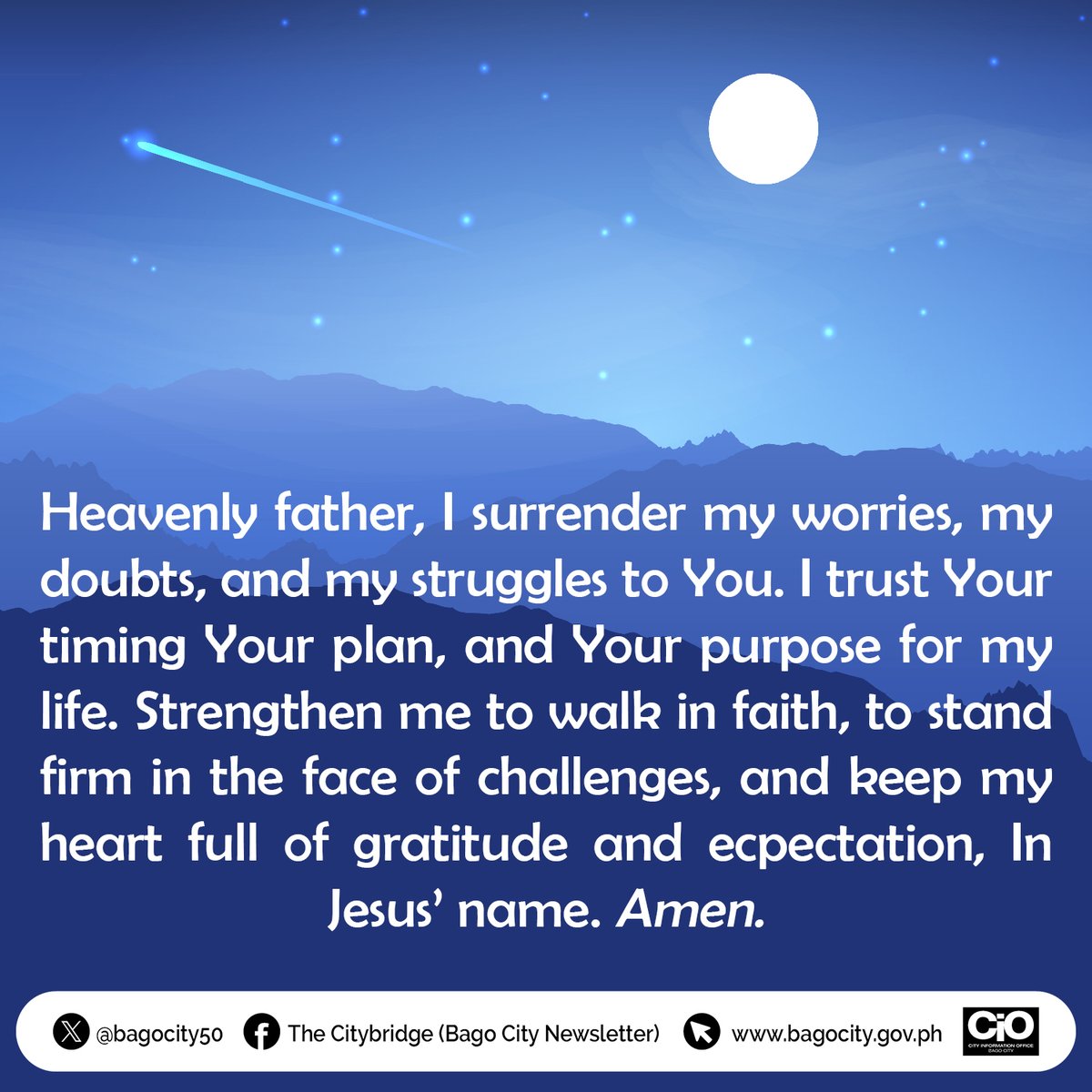 bagocity50's tweet photo. Let us pray. 🌙🙏

Heavenly Father, I surrender my worries, my doubts, and my struggles to You. I trust Your timing Your plan, and Your purpose for my life.

Amen.

#AsensoBago
#MayGugmaNgaPanghimanwa 🧡 https://t.co/Mija2yn6Ik
