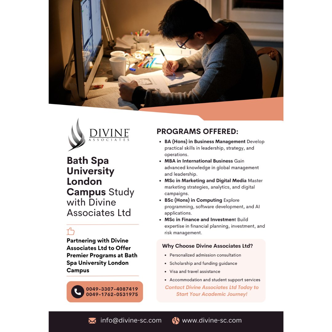 DivineAssociat's tweet image. Study Business, Computing &amp;amp; Finance at Bath Spa University London through Divine Associates Ltd.
#DivineAssociatesLtd #StudyInUK #GlobalEducation #CareerSuccess #BathSpaGlobal #Study