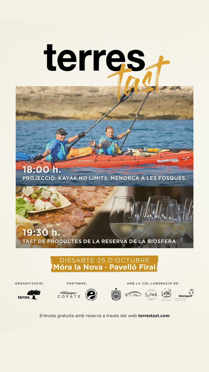 Copate_TE's tweet image. Arriba Terres Tast a Móra la Nova!
📍 Pavelló Firal - 25/10
🎥 Projecció: Kayak no limits. Menorca a les fosques.
🍴  Tast de productes de la Reserva de la Biosfera