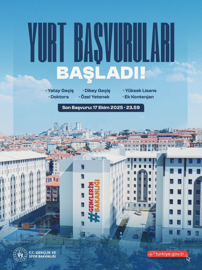 Blue banner text announces Yurt Başvuruları Başladı listing categories like Yatay Geçiş in Tokat, Gaziantep, Diyarbakır, Bilecik, Kütahya, and Son Başvuru 17 Ekim 2025 23:59, with dormitory buildings in urban setting below including white multi-story structures with red roofs and Gençlik ve Spor Bakanlığı logo at bottom.