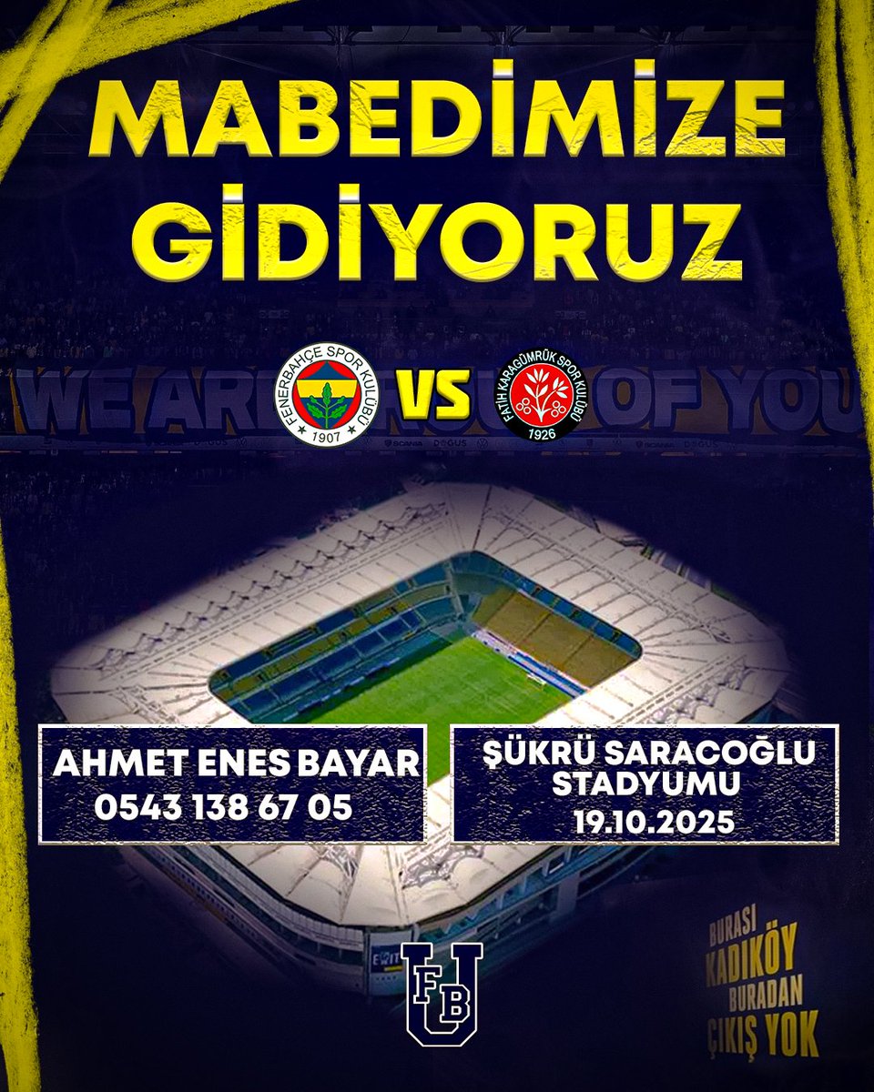 1907 ÜNİFEB Pamukkale Üniversitesi örgütlenmesi olarak Fenerbahçe-Fatih Karagümrük maçına 19 Ekim Pazar günü hep birlikte gidiyoruz. Tüm arkadaşlarımızı bekliyoruz.

İletişim:
Ahmet Enes Bayar
0543 138 67 05