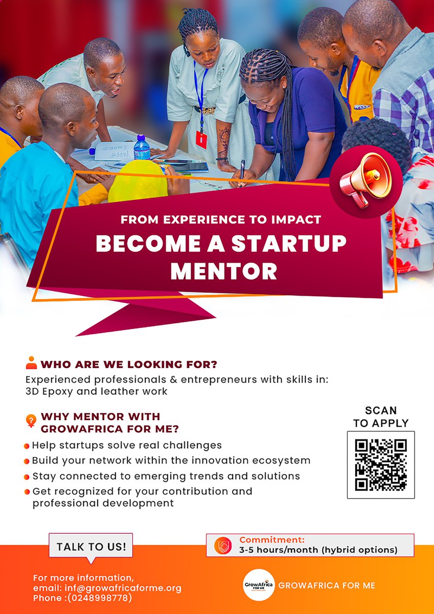growAfricaforme's tweet photo. @growAfricaforme is calling on skilled professionals in 3D Epoxy & Leatherwork to become Startup Mentors under the Green Start-up Incubation Program (GaSIP)!
Help shape the next generation of innovators.
👉 Scan to apply!
#GrowAfricaForMe #Mentorship #GaSIP #Innovation https://t.co/c3p2xyuqZm