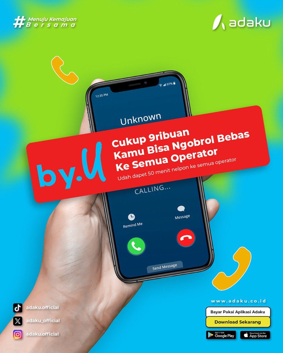 adaku_official's tweet image. 📞 Ngobrol bebas seharian bareng By.U!
Cukup Rp9.650 aja, udah dapet 50 menit nelpon ke semua operator 😍
Cocok buat yang suka nelpon singkat tapi seringan tiap hari! ☀️

#ByU #PaketNelpon #AllOperator #TopUpCepat #AdakuPraktis