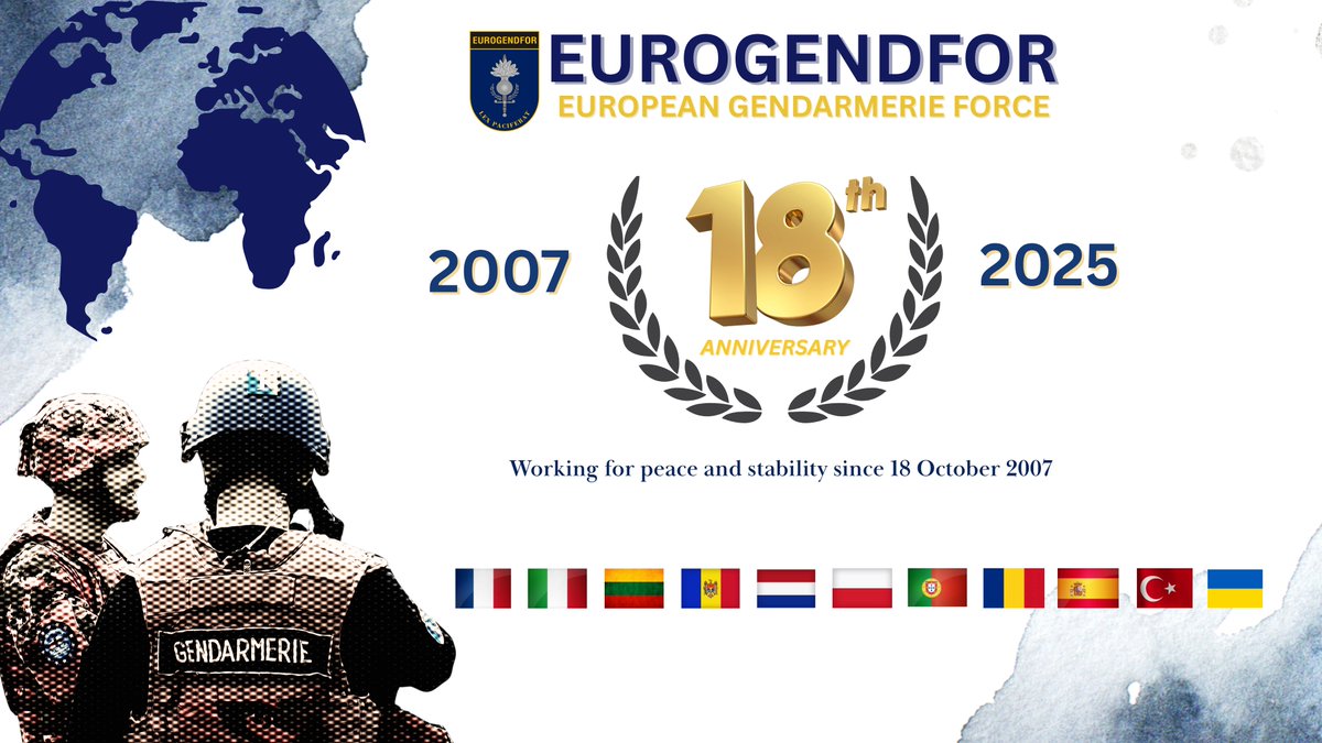 On Friday, 17 October 2025, the European Gendarmerie Force celebrates its  18th Anniversary at General A. Chinotto's Barracks in Vicenza. Since its  establishment 18 years ago #EUROGENDFOR has continued to promote peace, image size:1200x675