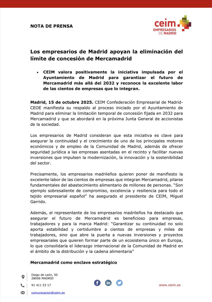 _CEIM_'s tweet photo. 🛑 #ComunicadoCEIM | Los empresarios de #Madrid apoyamos la eliminación del límite de concesión de @mercamadrid_hoy.

🗣️ @mgarridocierva, @_CEIM_, ha destacado la excelente labor de los cientos de empresas que integran Mercamadrid, pilares fundamentales del #abastecimiento alimentario de millones de personas: "Son ejemplo sobresaliente de #compromiso, #excelencia y resiliencia para todo el tejido empresarial español".