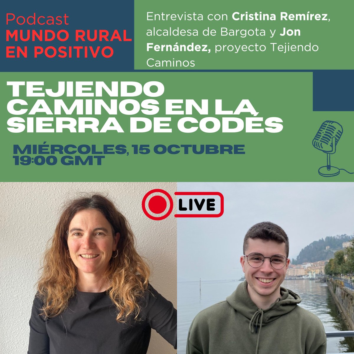 Esta semana en #MundoRuralEnPositivo
Descubrimos #TejiendoCaminos transformando la Sierra de Codés 
Con Jon y Cristina, dos referentes del #MundoRural que inspiran con hechos.
Miércoles 19:00h
En directo YouTube | LinkedIn | Meta
#NavarraRural #InnovaciónRural #Despoblación