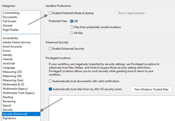 Loutech_'s tweet photo. Recently we've had a lot of queries related to Adobe Reader not being able to open PDF files. This contains a fix that seems to work and there is no immediate risk in disabling this until they fix it. In Adobe Reader's Preferences -> Security (Enhanced), disable this. https://t.co/gHumrqiC2y
