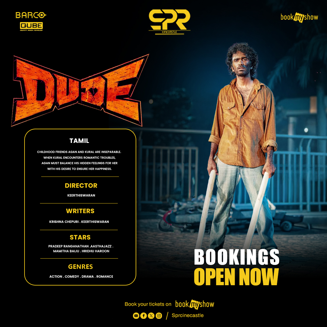 SPRcinecastle's tweet image. 🎬 Dude – Booking Now Open at SPR Cinecastle! 🍿✨
Catch all the fun and action on the big screen 🎥🔥
Grab your tickets today! 🎟️😎
.
.
@MythriOfficial  @pradeeponelife 

#DudeMovie #BookingOpen #SPRCinecastle #NowShowing #MovieNight #BlockbusterVibes #MustWatch #FunRide