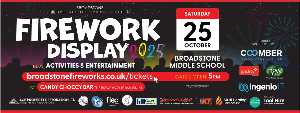 Broadstone’s BIG Charity Fireworks Night is BACK!
Early Bird tickets just £7 – until 19th October!
Don’t miss Broadstone’s most spectacular night of the year!
Get tickets now broadstonefireworks.co.uk/tickets
Or buy (cash-only) at CandyChoccyBar in Broadstone.