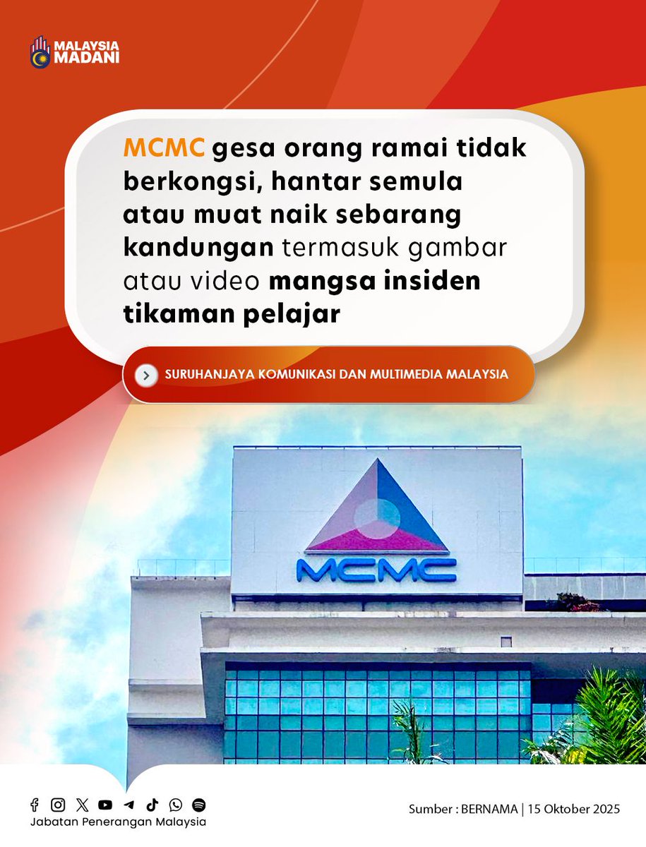 Jaga Etika, Hormati Mangsa 🙏📵

* MCMC gesa orang ramai berhenti sebarkan kandungan sensitifLindungi privasi mangsa &amp; keluarga 💔
* Elak ganggu siasatan polis 👮‍♀️
* Gunakan media sosial dengan penuh tanggungjawab 💬

#RancakkanMADANI
#MADANIBekerja
#TaatSetia
#JabatanPenerangan