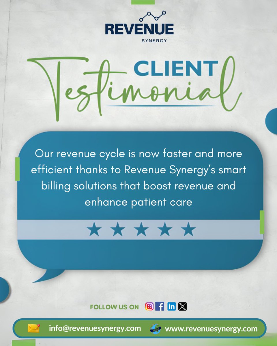 RevenueSynergy's tweet image. ✨ “Our revenue cycle is now faster and more efficient thanks to Revenue Synergy’s smart billing solutions that boost revenue and enhance patient care.”

📩 info@revenuesynergy.com
🌐 revenuesynergy.com

#RevenueSynergy #ClientTestimonial #MedicalBillingSolutions