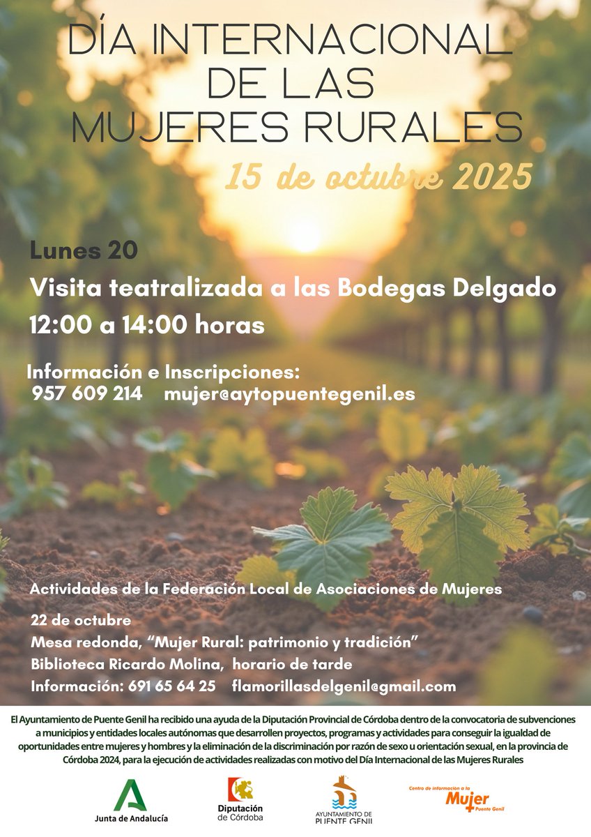 Hoy es #15deoctubre, #diainternacionaldelasmujeresrurales, desde el <a href="/AytoPuenteGenil/">Ayuntamiento Puente Genil</a> lo celebramos con una visita guiada y teatralizada el próximo lunes 20 a las <a href="/bodegasdelgado/">bodegasdelgado</a>