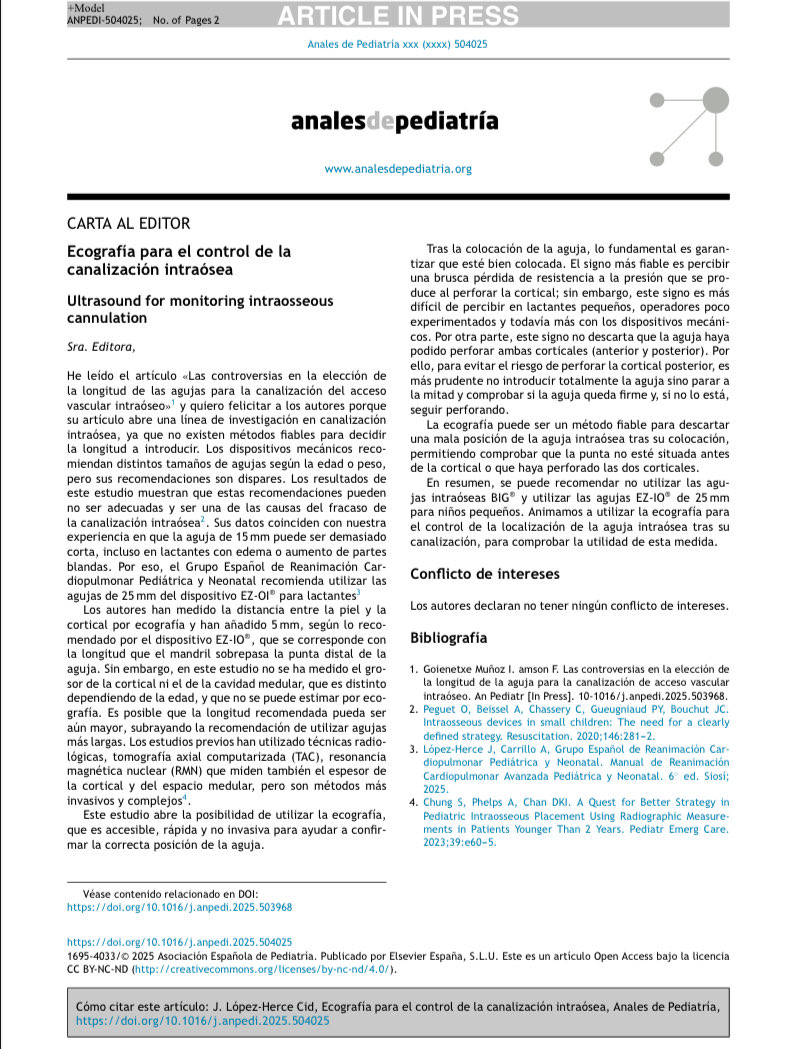 Controversias en el uso de agujas  intraóseas en pediatría: elección de la longitud, seguridad del procedimiento, falta de evidencia científica. Así queda reflejado en artículos publicados en #analespediatria <a href="/aepediatria/">AEP</a> analesdepediatria.org/es-ecografia-e…