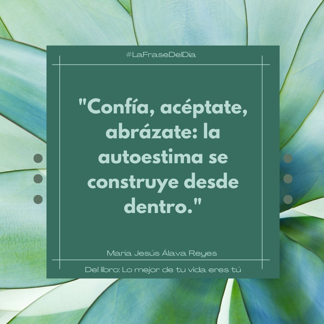 🌿 “Conseguir una buena autoestima será uno de los objetivos cruciales de tu vida, pero recuerda que solo lo lograrás si confías en ti, si te valoras, si te aceptas y eres capaz de abrazarte (por dentro y por fuera).”
<a href="/mjalavareyes/">Mª Jesús Álava Reyes</a> en su libro “Lo mejor de tu vida eres tú”