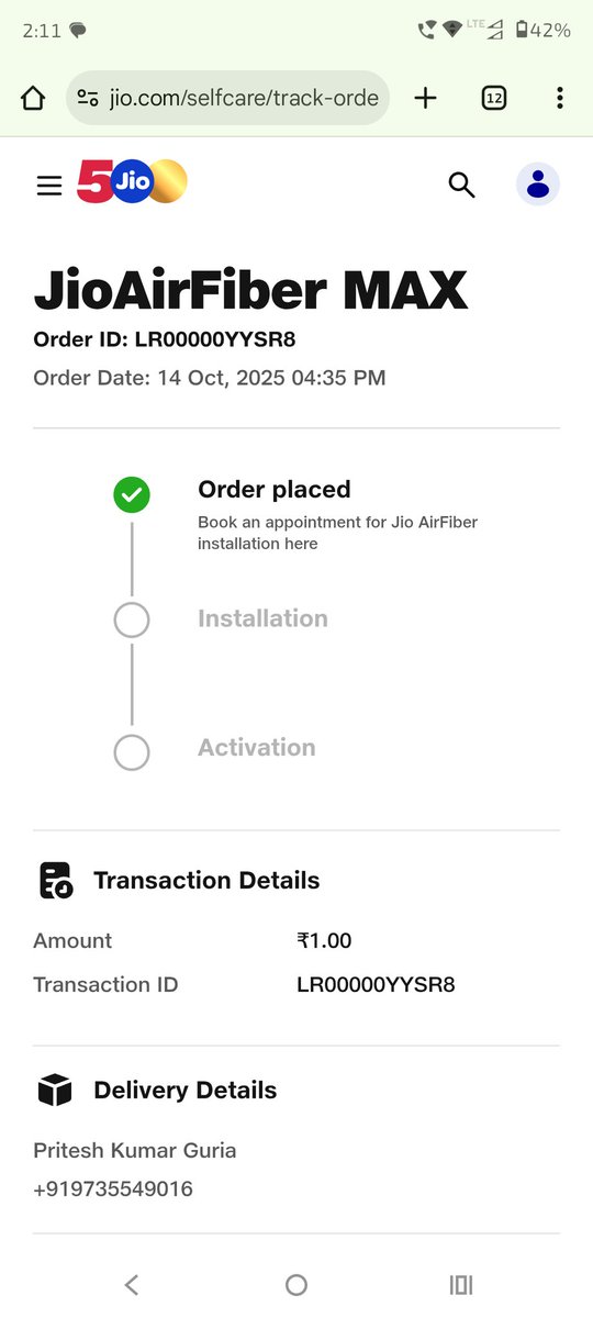 Pgip177's tweet photo. @JioCare I have ordered for JIO Air Fiber for ₹1 from my MyJio app on 14-10-2025. But the local Jio store( Janka, Purba Medinipur, WB,PIN 721431) refused to do at this price. Kindly look into the matter. https://t.co/LTiUNtFBgG