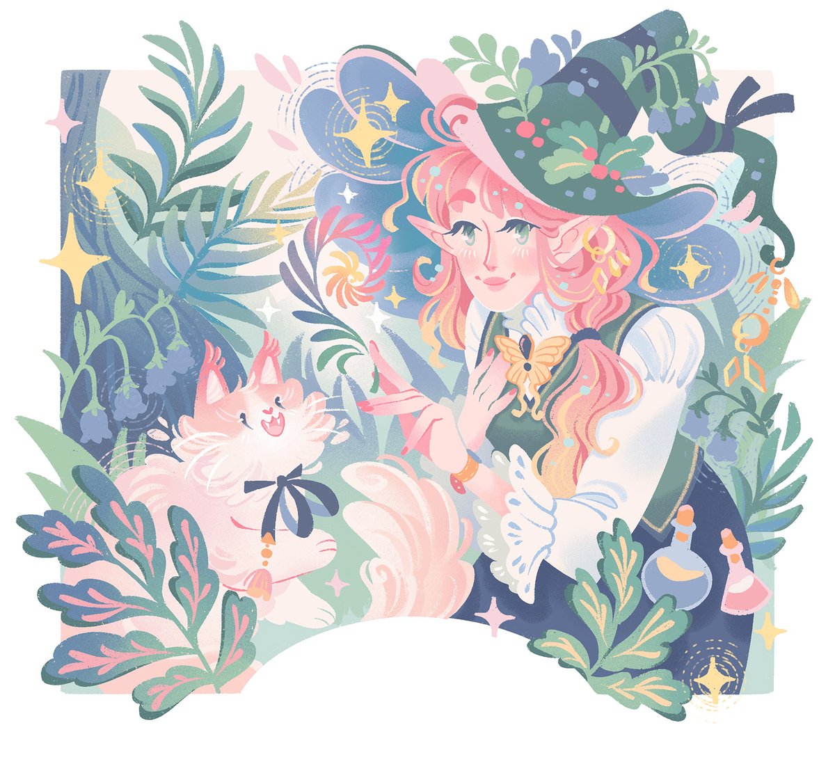 🌱 Forest 🌱 A pink haired witch and a very pink cat for this illustration. The last one of the calendar yaaay ! ✨ Now I can't wait to see the final product!  The cover is done, I should launch the preorders in no time ! 💛