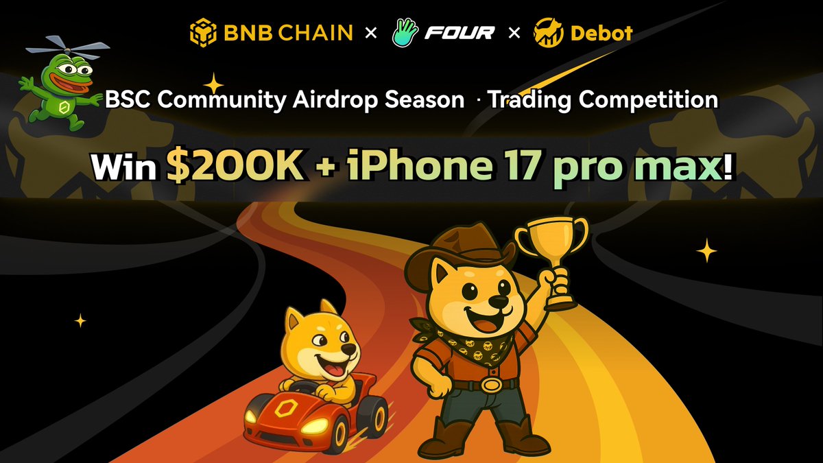 DitingData's tweet image. BNB Chain x Four.meme x DeBot Trading Event is Coming!
Win $200,000 in BNB + 16 x iPhone 17!
Fast-paced event with winners announced every 3 days, 4 rounds total!
Event Details:
1️⃣ Trading Competition | $20,000 prize pool per round
2️⃣ DeBot Buyback Airdrop |…