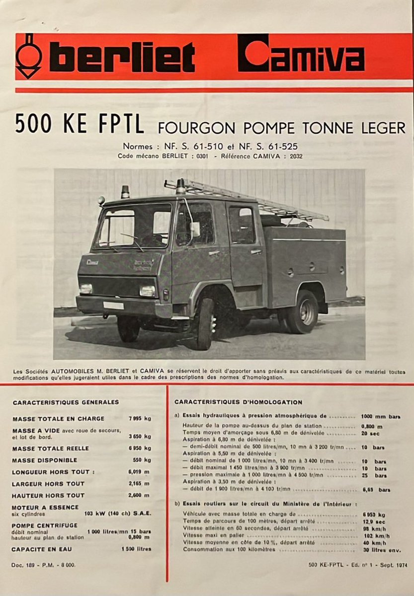 #VintageBestiole

Faisons un bon de 50 ans en arrière avec ce 🚒 FPTL #Berliet 500 KE carrossé par <a href="/MCamiva/">MAGIRUS CAMIVA</a>.
Moteur essence V6 de 140 CV 
A peine 6 m. de long
Masse totale 7995 kg
Cabine avancée 6👨‍🚒
Pompe 1000 l/mn - 15 b
1500 l. d'💦
7 jerricans de 20 l. d'☁️
2 dévidoirs mobiles