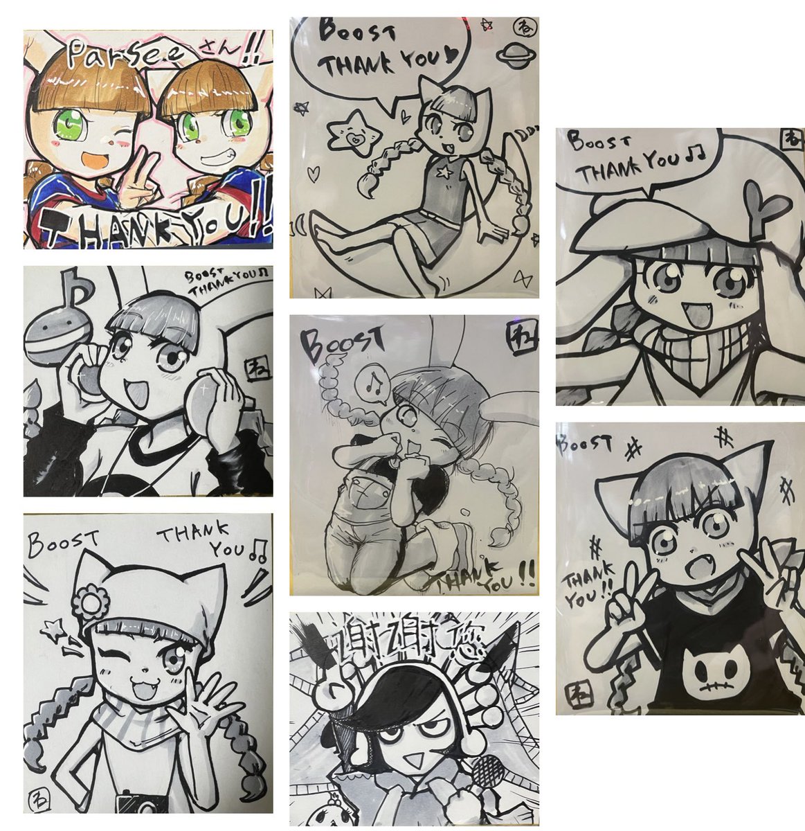 nekosuke_popn's tweet image. parseeさんにお渡ししたりboostお礼で描いたりした色紙たち…
ミミニャミちゃん衣装によって色んな絵柄に変えられるのですき。明確に知ってるフォロワーさんからだとその人が好きなキャラ描きがち笑