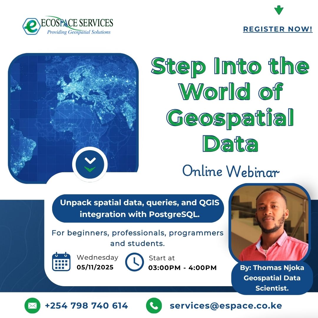 EcospaceLimited's tweet image. 🌍 Step Into the World of Geospatial Data!
Free online webinar — unpack spatial data, queries & QGIS integration with PostgreSQL.
🗓️ Nov 5 | 3 PM EAT
🎙️ With Thomas Njoka, Geospatial Data Scientist.
🔗 Register: tinyurl.com/GeospatialData…
#Geospatial #QGIS #PostgreSQL #Webinar