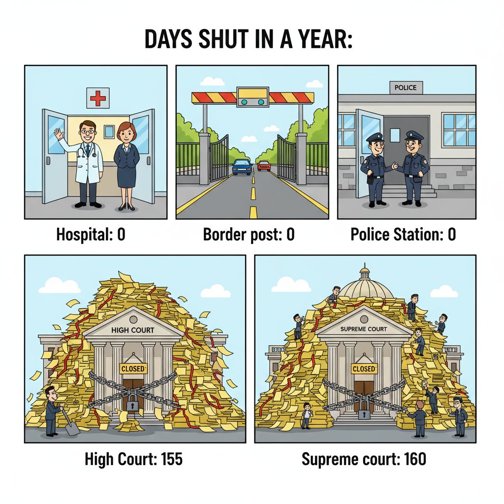 Days shut in a year:

Hospital: 0
Border post: 0
Police Station: 0
High Court: 155
Supreme court: 160