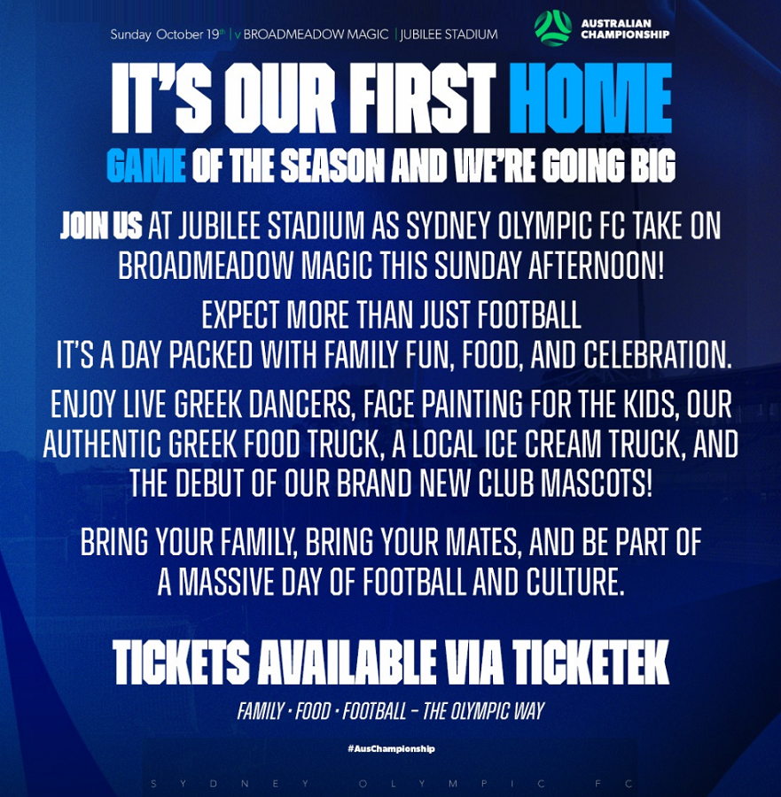 The club has a big day planned for our 1st home game of the Australian Championship, against Broadmeadow Magic

Sunday Afternoon @ 1pm @ Kogarah Oval

The club will also unveil its newly designed club crest

Get your tickets via ticketek - premier.ticketek.com.au/shows/Show.asp…

Or at the  Gate