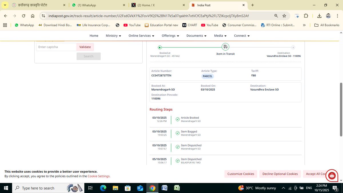 avinash_mdgr's tweet photo. @IndiaPostOffice kindly deliver this package booked at 3rd oct 2025 and today is 15th oct 
what a speed sir ji @JM_Scindia https://t.co/pZ0UE1cTR9