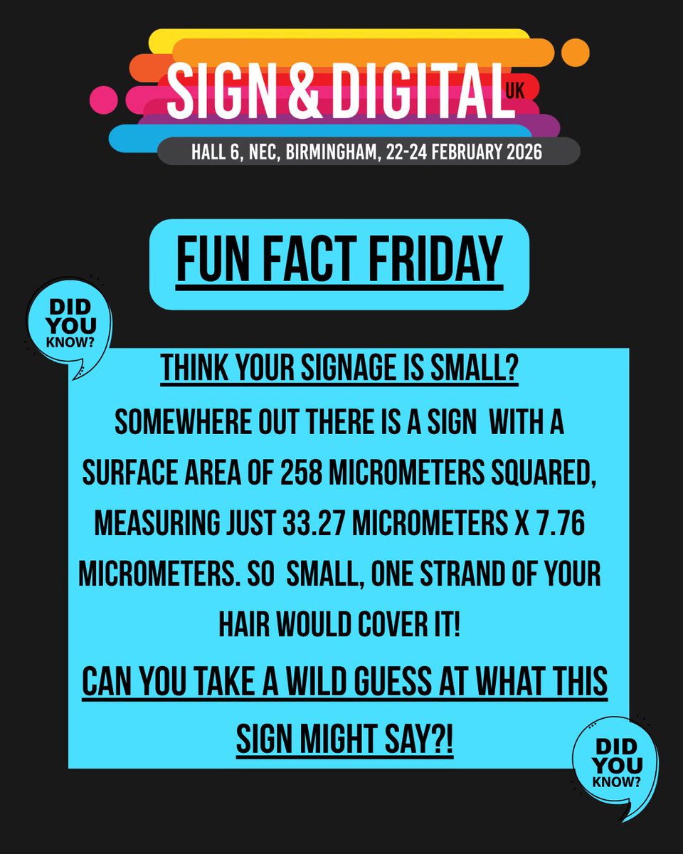 Signanddigital's tweet image. 🚦 📷 Some signs stop traffic! Some or one is smaller than a speck of dust.

Let us know your guess in the comments before the big reveal later on today! ⭐️

#signanddigital #signandigitaluk2025 #SDUK2026 #FunFactFriday