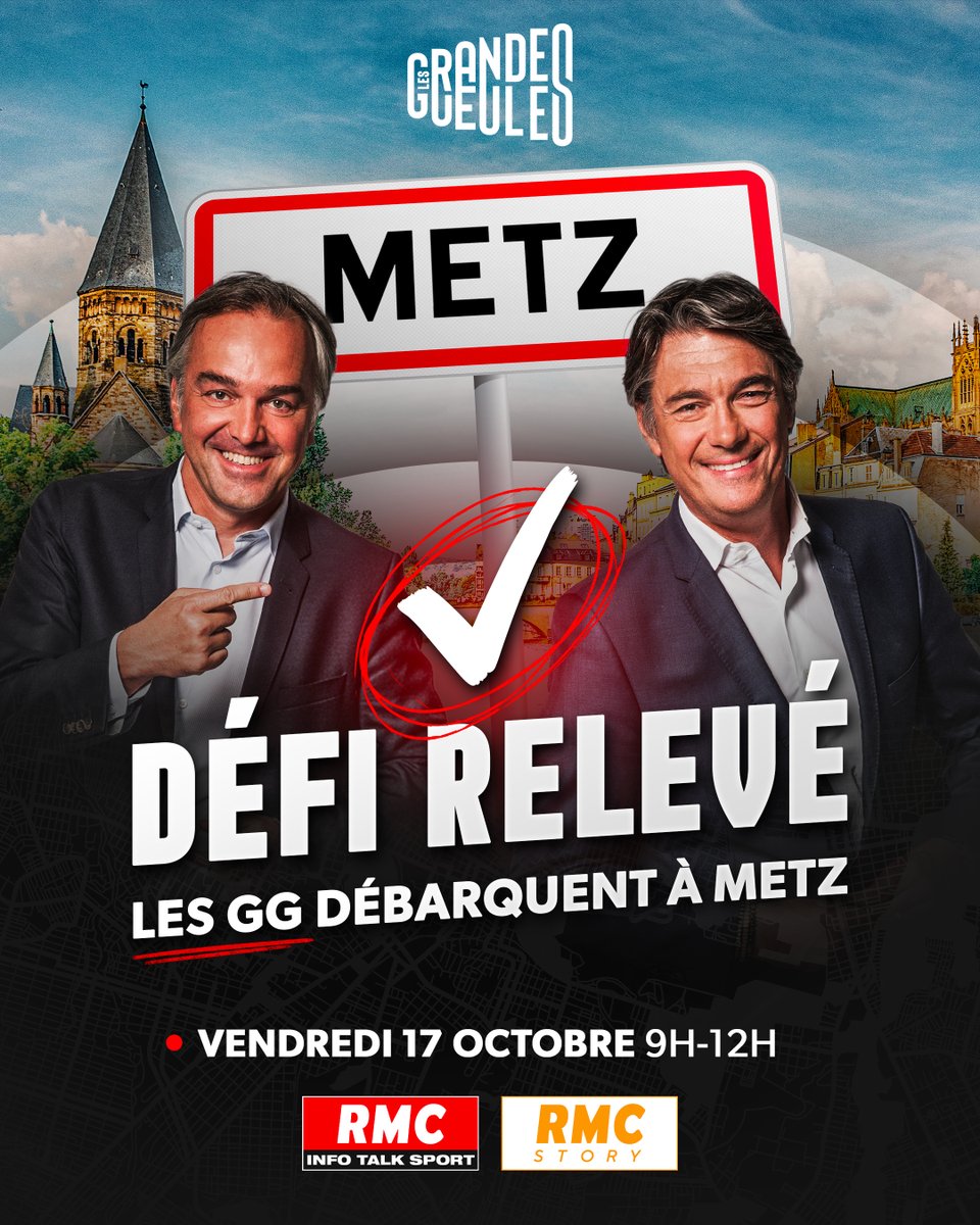 🔥 Les Grandes Gueules relèvent le défi du maire de Metz !

🎙️ Rendez-vous ce vendredi, de 9h à 12h, en direct de Metz sur RMC.