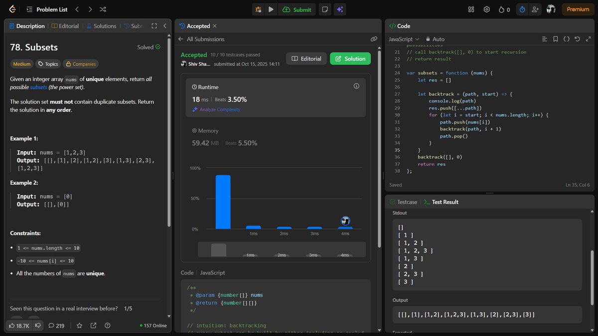 1amWaziR's tweet image. 🚀 Day 119 #200DaysOfDSA
Focused on Backtracking, recursion flow & state space tree
Solved:
✔️ 78. Subsets
- used Backtracking to generate all combinations
Focus: combinatorial problems & consistency
Big thanks to @akshaymarch7
#DSA #JavaScript #ProblemSolving #Backtracking