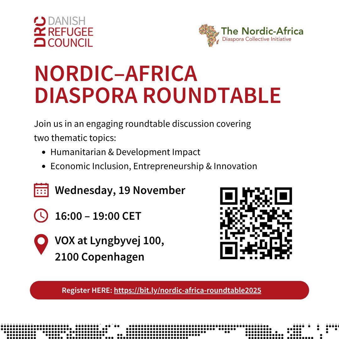 DemacProject's tweet image. 𝐃𝐑𝐂 𝐃𝐢𝐚𝐬𝐩𝐨𝐫𝐚 𝐏𝐫𝐨𝐠𝐫𝐚𝐦𝐦𝐞 and the 𝐍𝐨𝐫𝐝𝐢𝐜-𝐀𝐟𝐫𝐢𝐜𝐚 𝐃𝐢𝐚𝐬𝐩𝐨𝐫𝐚 𝐂𝐨𝐥𝐥𝐞𝐜𝐭𝐢𝐯𝐞 𝐈𝐧𝐢𝐭𝐢𝐚𝐭𝐢𝐯𝐞 are holding a the Nordic-Africa #Diaspora Roundtable.
🔗Register here before 2nd Nov: forms.office.com/e/E4t9Xcufxf