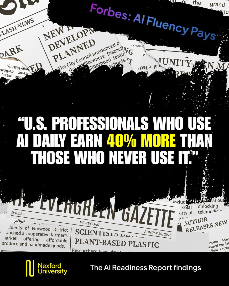 nexford's tweet image. We surveyed 1,000 workers.
💰 Daily AI users earn 40% more than those who never use it.
But only 27% of companies offer AI training.
That’s not just a gap — it’s a credibility crisis. 📊
Forbes coverage 🔗 forbes.com/sites/caroline…
#NexfordUniversity #AIWageGap #WorkforceTrends…