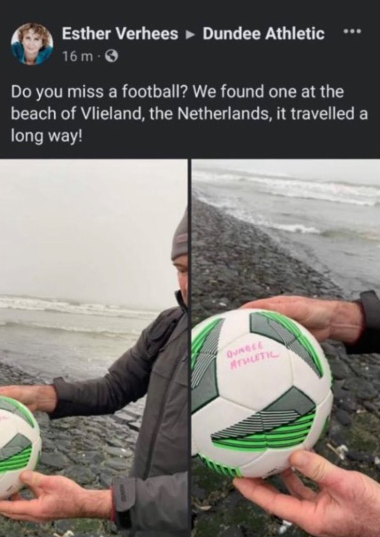 When a ball from a Dundee Athletic game was kicked out of the ground back in 2021, it ended up in the River Tay… 🫣

The ball incredibly floated all the way across the North Sea and eventually surfaced on a beach in the Netherlands; 408 miles away. 🤯