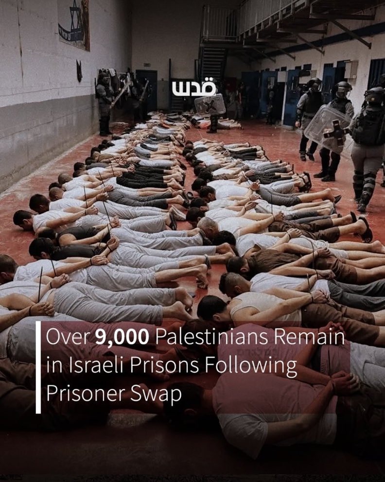 9,000人以上のパレスチナ人がイスラエルの刑務所に依然として拘留されている。
イスラエルは、多くのパレスチナ人を裁判なしで、または不明確な容疑で拘束し続けている。

世界は黙っていては駄目だ！
イスラエルが留置場で行っている鬼畜以下の様々な行為も、絶対に許しては駄目だ！