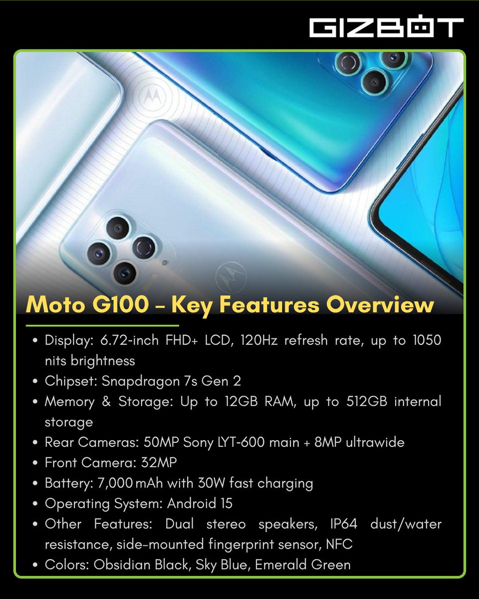 gizbot's tweet image. Moto G100 Launched with Snapdragon 7s Gen 2 &amp;amp; 7,000mAh Battery – Price Starts at ¥1,339 (around Rs 16,571)

#Motorola #Snapdragon7sGen2 #Android15 #TechLaunch #MotoG100 #TechUpdate #TechUpgrade