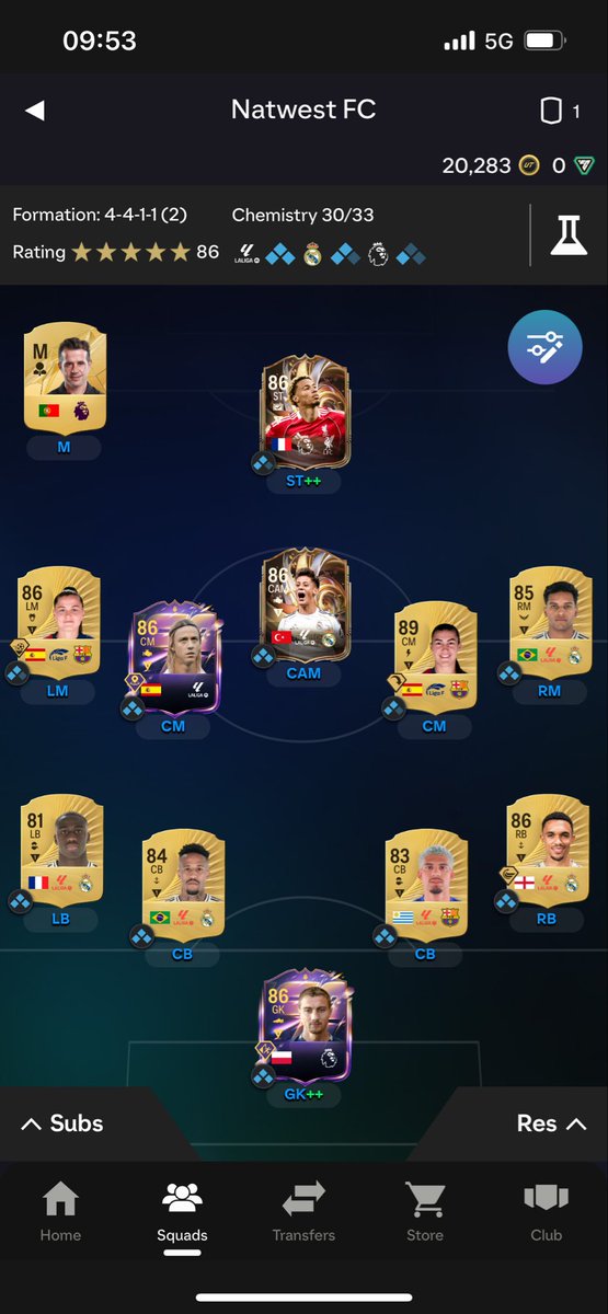 KnownAsBaz's tweet photo. FIFA has nearly officially been out a month. 

What’s everyone’s teams looking like? 

Here’s mine, grass needs to be touched. 

#EAFC26 #FC26 https://t.co/6j1j44AoVi