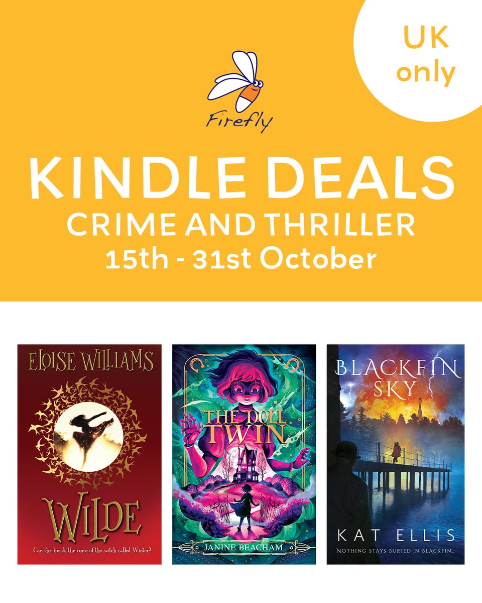 ⭐️Kindle Deal Alert⭐️
Joining #Grimstink in the #UKKindleDeals this month:

#Wilde <a href="/Eloisejwilliams/">Eloise Williams</a>
#TheDollTwin <a href="/BeachamJanine/">Janine Beacham</a>
and 
#BlackfinSky <a href="/el_kat/">Kat Ellis</a>

Perfect for Halloween. Deal runs until the end of the month. Don’t miss it!
amazon.co.uk/s?k=firefly+pr…

 #KindleDeals #KidLit