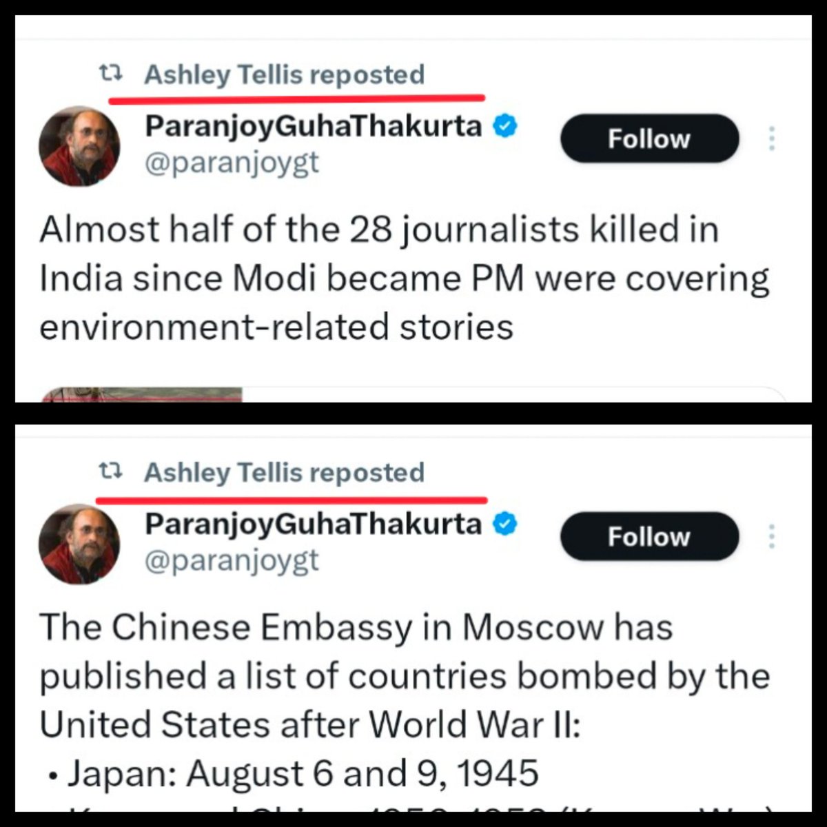 TrulyMonica's tweet image. Paranjoy works with China-funded Newsclick. Ashley Tellis retweeted him often on this platform. Connect the dots…
