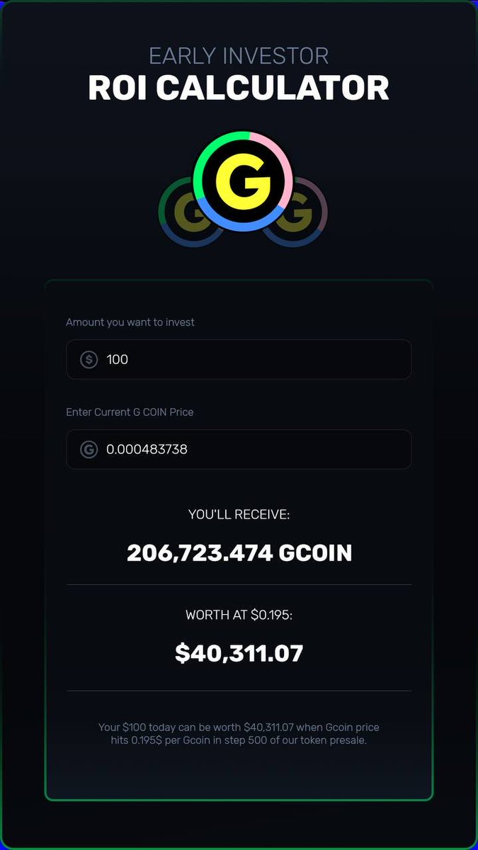 Sharker_com's tweet image. EARLY INVESTOR POWER
Imagine turning just $100 → $40,311. 💰
That’s the potential when you catch G Coin early before it reaches its full market value.
At today’s presale price of $0.00048, your $100 gets you 206,723 GCOIN.
When the price hits $0.195, that becomes over $40K. 🔥…