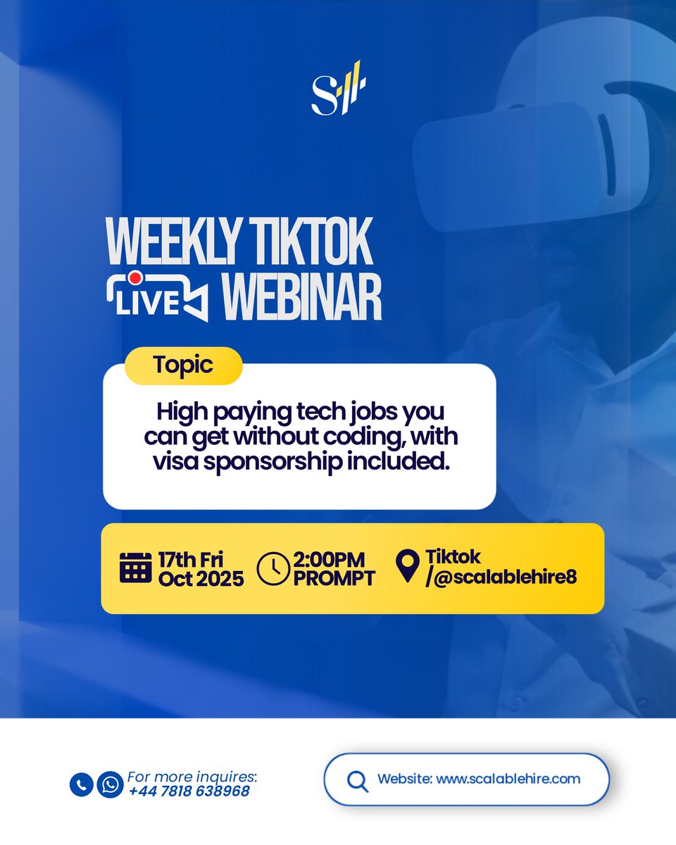 Scalablehire's tweet image. Want a high-paying tech job without coding?
Join our TikTok Live this Friday at 2PM as we reveal top tech roles that pay well and offer visa sponsorship abroad.

Don’t miss it if you’re ready to go global with your career.
TikTok: @scalablehire8
#TechJobsAbroad #VisaSponsorship