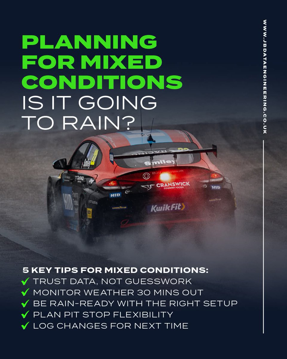JBDataEngineer's tweet image. Will it stay dry or turn wet mid-race? 🌦️
Planning for changeable weather is all about data, preparation and adaptability. We shares 5 key steps to help you make smart, fast decisions when the weather won’t.
📩 Looking for race-day support? Let’s talk!